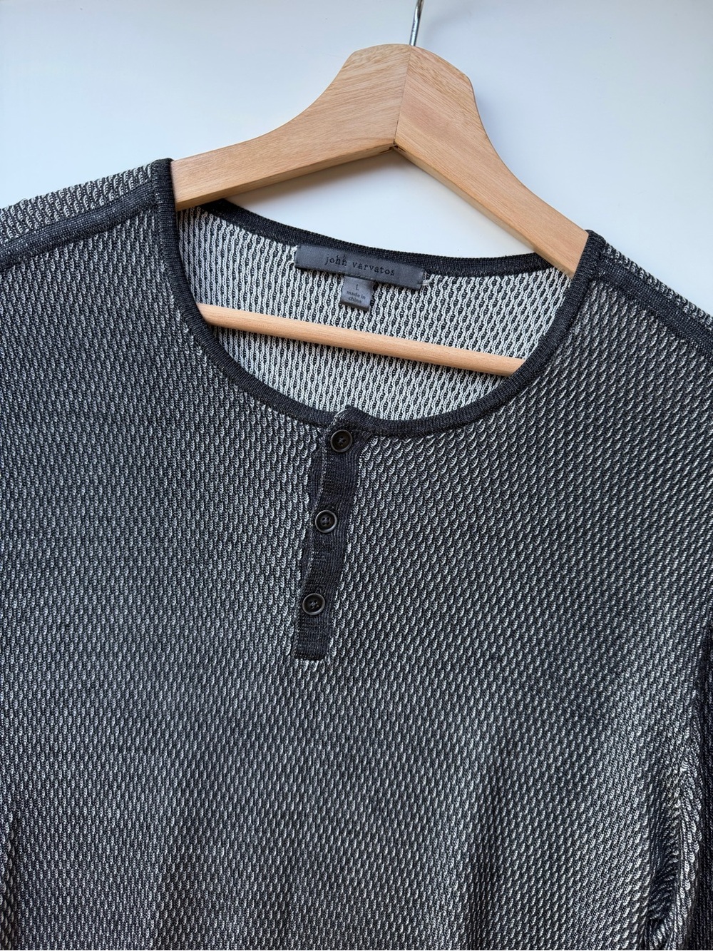 John Varvatos Men's Charcoal Henley Knit long sleeve Shirt Silk Blend